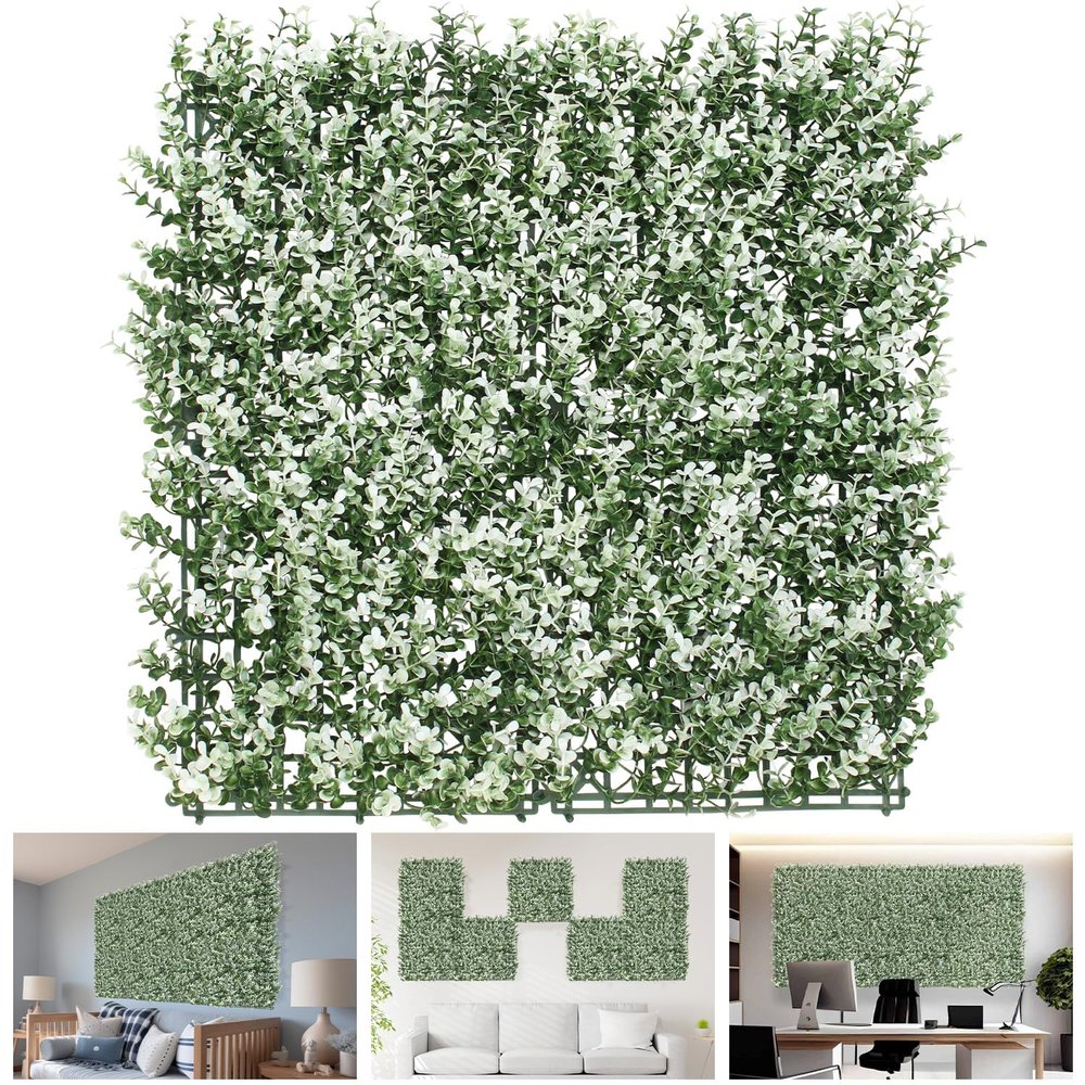 TANG 20"x20"-25PC Artificial Greenery Boxwood Panels Grass Wall Panel, Faux Privacy Fence Ivy Screens Backdrop Fake Hedge for Indoor Outdoor Wedding Dcor, Green White Buxus Boxwood
