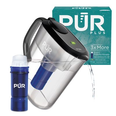PUR Plus 11-Cup Water Pitcher, 1 Lead-Reducing Filter, Cleaner, Great-tasting Water, Dishwasher Safe, Powerful Filtration, Filter Change Light Indicator, LockFit Cap Design - Smoke