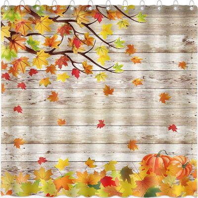 DePhoto Fall Shower Curtain for Bathroom Pumpkin Farmhouse Style Happy Festive Romantic Falling Maple Leaf Wooden Board Thanksgiving Poliester Fabric Decoration Water Proof with 12Hooks 72x72inch