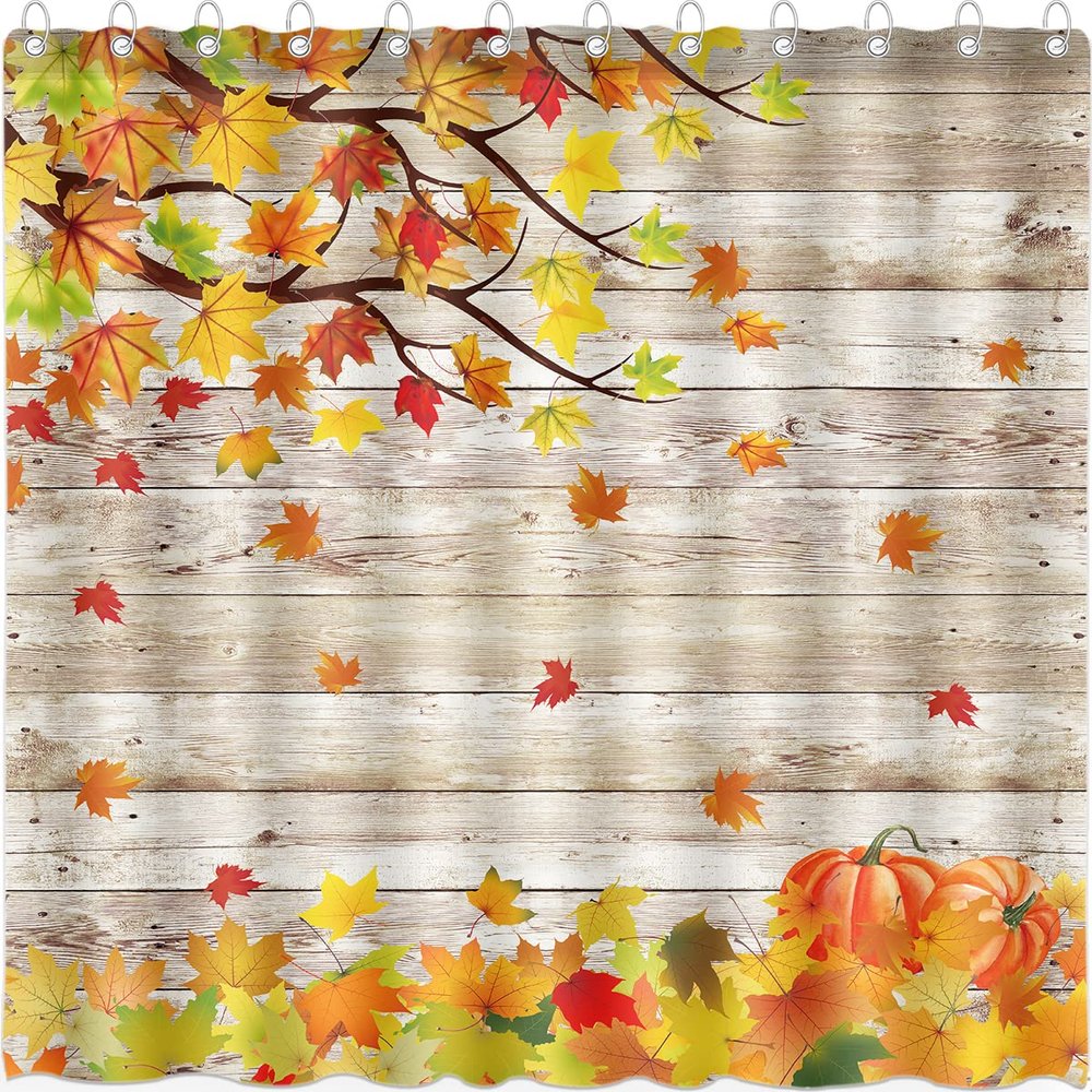 DePhoto Fall Shower Curtain for Bathroom Pumpkin Farmhouse Style Happy Festive Romantic Falling Maple Leaf Wooden Board Thanksgiving Poliester Fabric Decoration Water Proof with 12Hooks 72x72inch