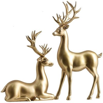 ADSEA 2PCS Christmas Reindeer Creative Couple Deer Sculptures Statues,Home Decor Collectible Figurines Wedding Gifts Office Bookself Ornaments-Gold 2 pcs Large, pbdka-001