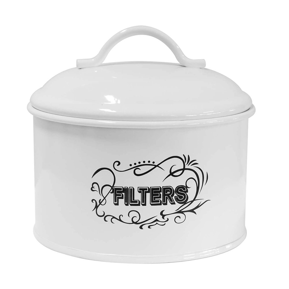 SOTECH Coffee Filter Holder Storage,White Basket Enamel Filter Jar Container in Rustic Farmhouse Distressed Enamelware Design Round for Counter(Metal Coffee Filter Jar)