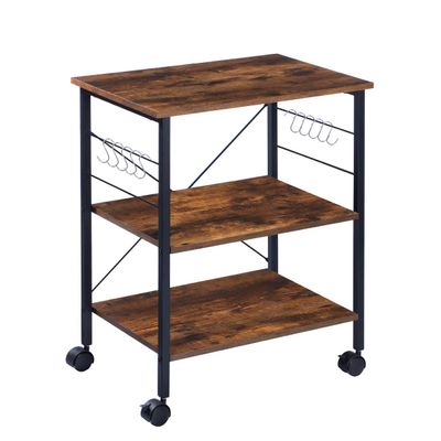 Rustic Brown 3-Tier Bakers Rack with Wheels - Microwave Stand and Coffee Cart for Kitchen and Living Room with 10 Hooks and Storage