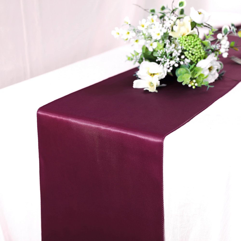 10 Pack Satin Table Runner 12 x 108 Inch Long Bright Silk Smooth Fabric Table Runners for Wedding, Birthday Parties, Banquets Decorations - Burgundy