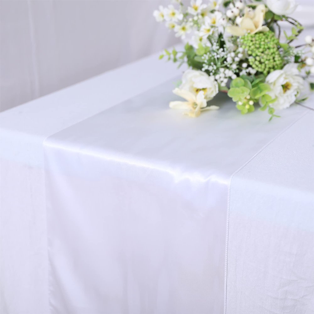 10 Pack Satin Table Runner 12 x 108 Inch Long Bright Silk Smooth Fabric Table Runners for Wedding, Birthday Parties, Banquets Decorations - White