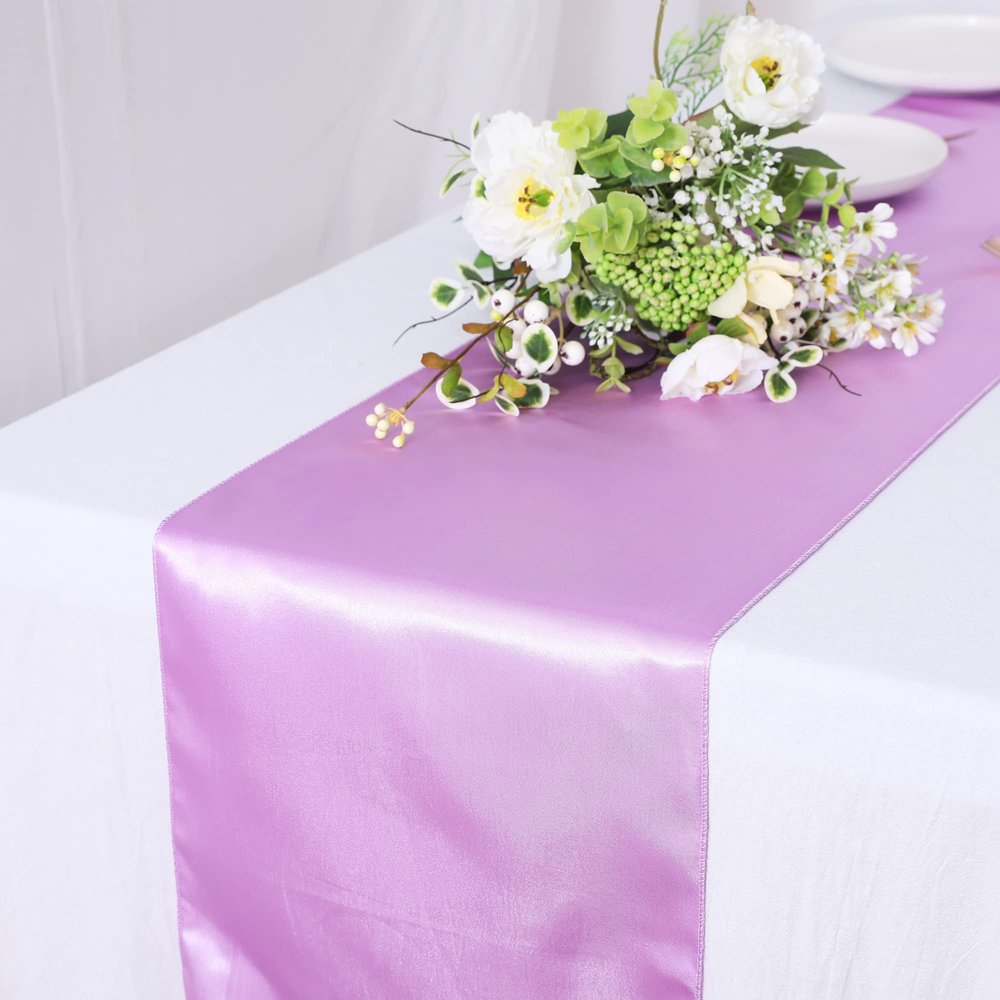 10 Pack Satin Table Runner 12 x 108 Inch Long Bright Silk Smooth Fabric Table Runners for Wedding, Birthday Parties, Banquets Decorations - Lavender