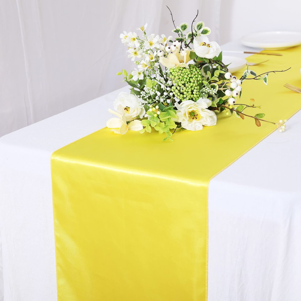 10 Pack Satin Table Runner 12 x 108 Inch Long Bright Silk Smooth Fabric Table Runners for Wedding, Birthday Parties, Banquets Decorations - Yellow