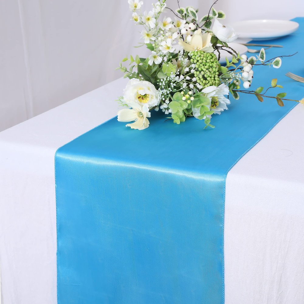 10 Pack Satin Table Runner 12 x 108 Inch Long Bright Silk Smooth Fabric Table Runners for Wedding, Birthday Parties, Banquets Decorations - Lake Blue
