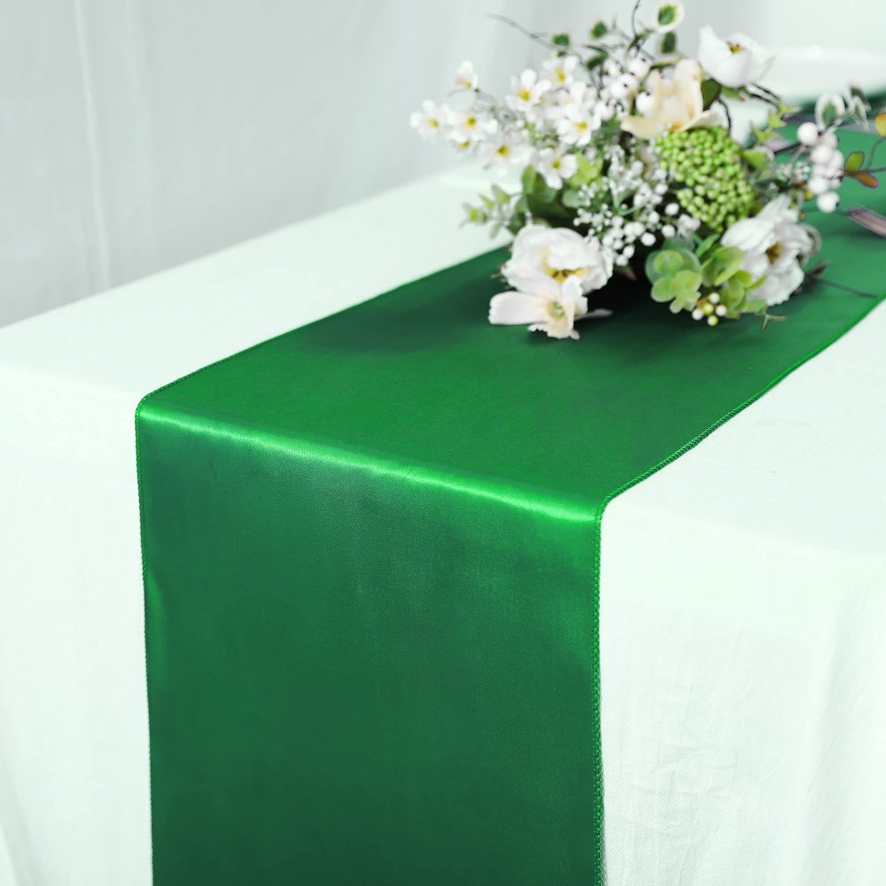 10 Pack Satin Table Runner 12 x 108 Inch Long Bright Silk Smooth Fabric Table Runners for Wedding, Birthday Parties, Banquets Decorations - Green