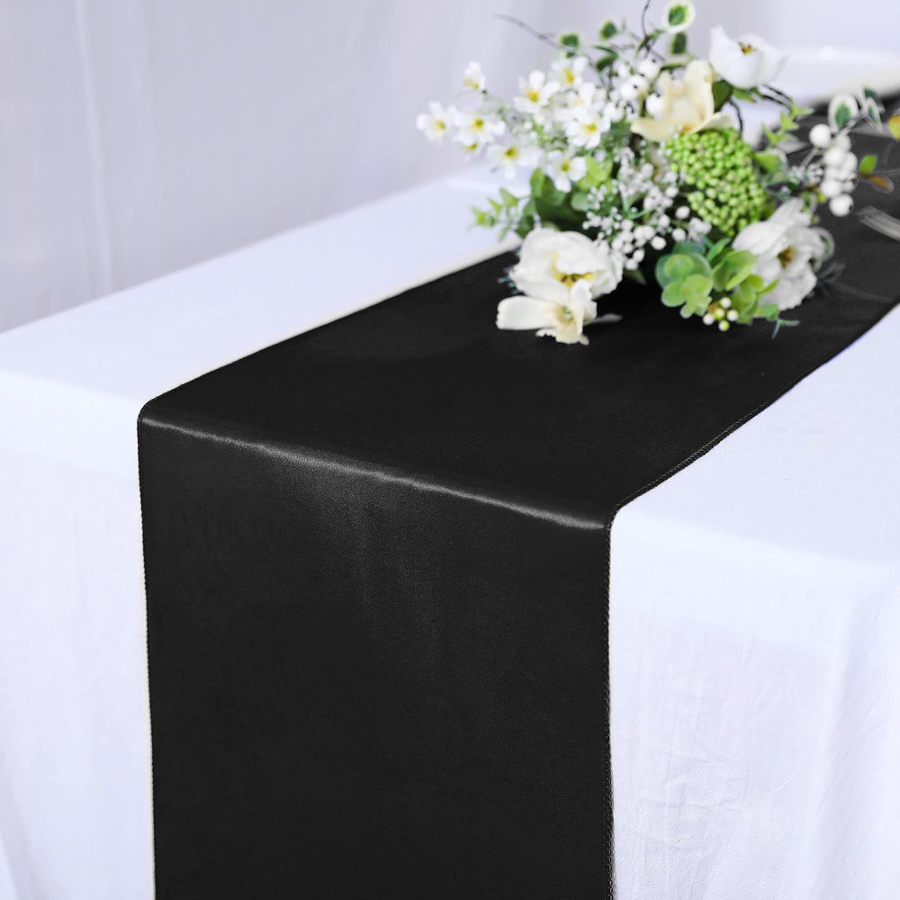 10 Pack Satin Table Runner 12 x 108 Inch Long Bright Silk Smooth Fabric Table Runners for Wedding, Birthday Parties, Banquets Decorations - Black