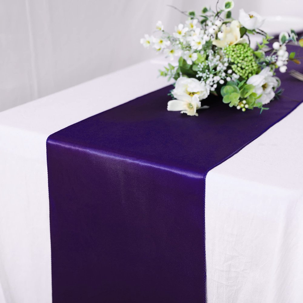 10 Pack Satin Table Runner 12 x 108 Inch Long Bright Silk Smooth Fabric Table Runners for Wedding, Birthday Parties, Banquets Decorations - Purple