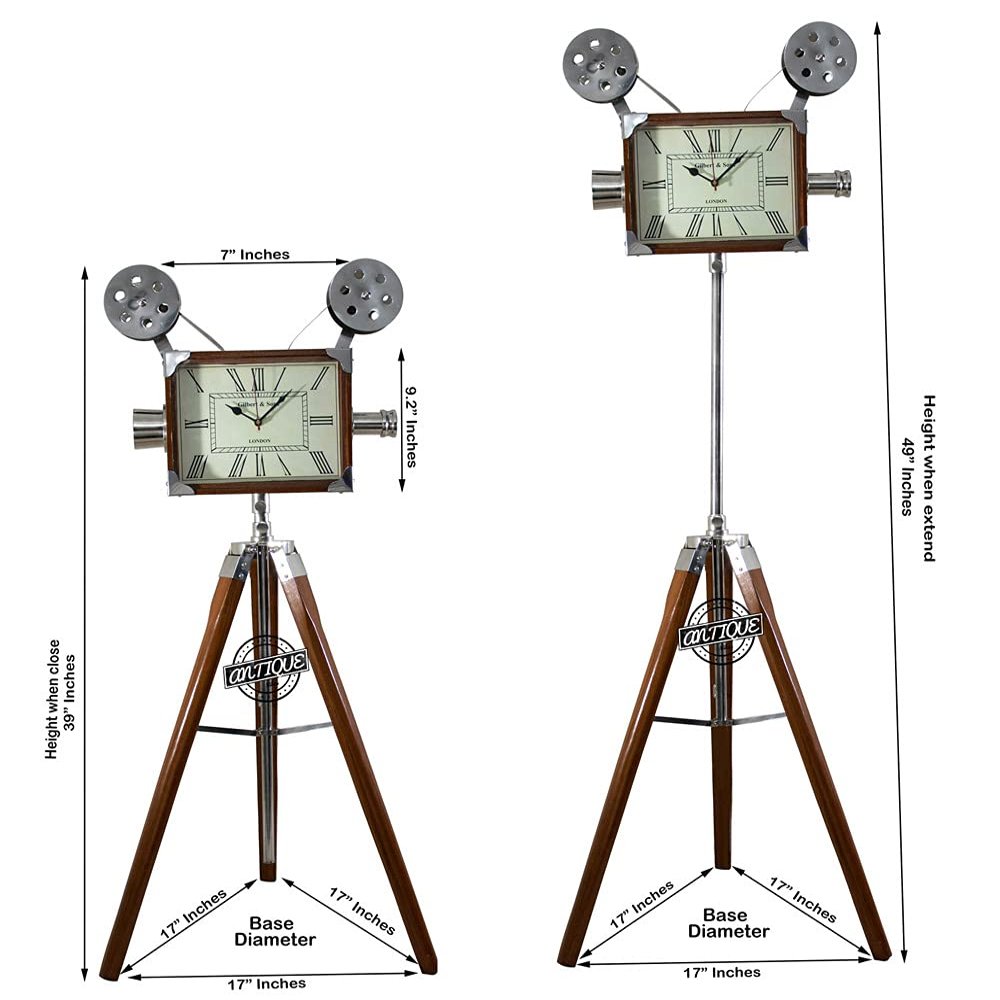 Antique Vibes Victorian Floor Projector Clock On Wooden Tripod Stand Room Corner Decorative Reel Camera Clock Birthday