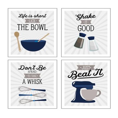 Navy Blue & Grey Retro Vintage Kitchen Wall Art Prints - Set of 4-8x10 UNFRAMED Gray, Dark Blue & White Kitchen Utensil Prints Perfect for Rustic, Modern Farmhouse, Country Decor.