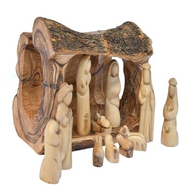 12 Piece Olive Wood Nativity Set, Nativity Scene Carved Inside of a Solid Piece of Olive Wood Branch, Christmas Nativity Manger Scene