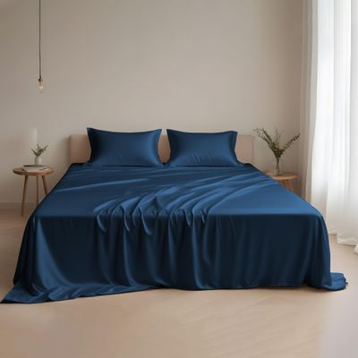 Linenwalas Eucalyptus Full Size Sheet Set - Breathable Cooling Tencel Silk Sheets - Hotel Luxury Bed Sheets, Extra Soft Premium 4 Piece Bedsheet, Deep Pockets, Lyocell Bedsheets (Navy Blue/Full)