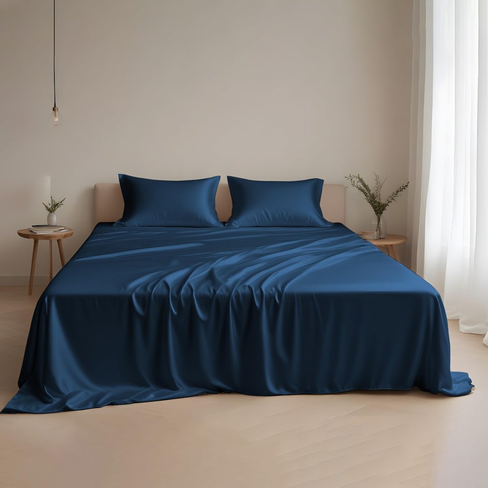 Linenwalas Eucalyptus Full Size Sheet Set - Breathable Cooling Tencel Silk Sheets - Hotel Luxury Bed Sheets, Extra Soft Premium 4 Piece Bedsheet, Deep Pockets, Lyocell Bedsheets (Navy Blue/Full)