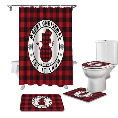 4PCS Bathroom Mat Sets, Merry Christmas Let It Snow Buffalo Plaid Red and Black Snowman Bathroom Decor Shower Curtain Rugs Bath Mat Non-Slip Toilet Seat Cover Bathroom Mat