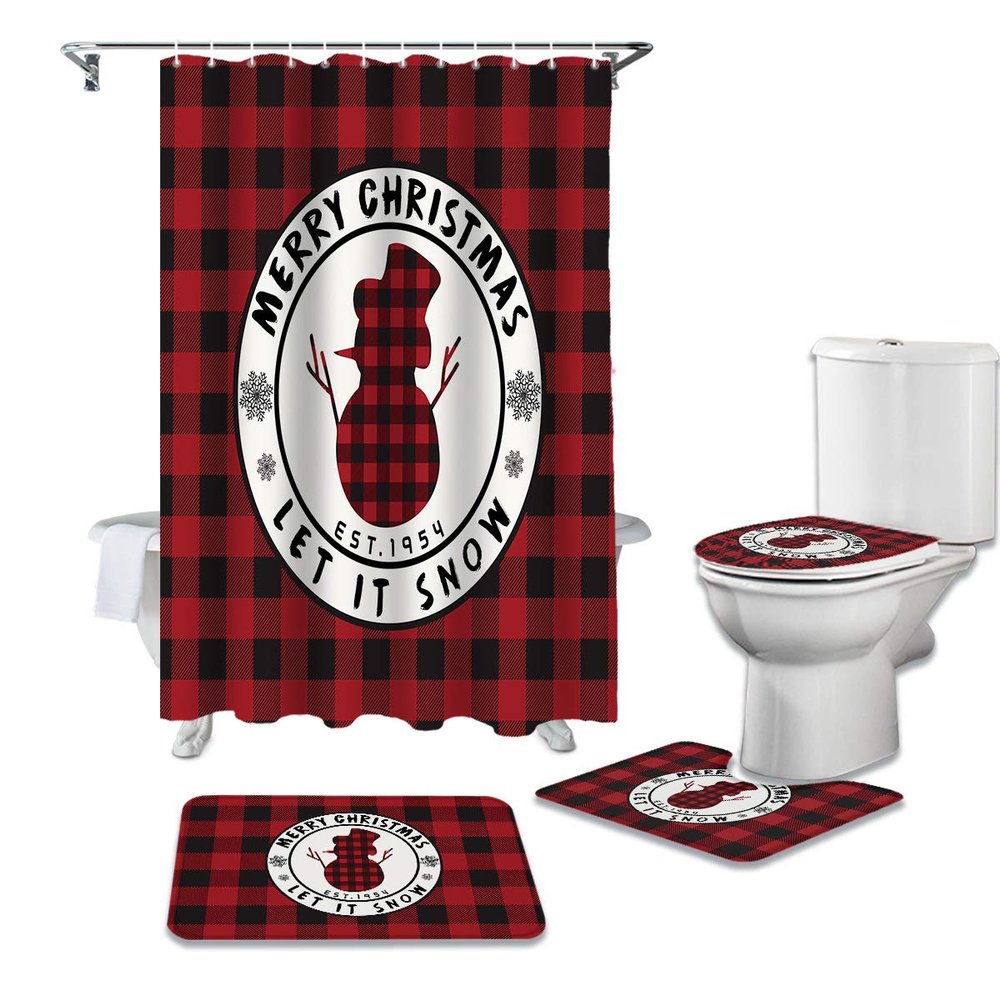 4PCS Bathroom Mat Sets, Merry Christmas Let It Snow Buffalo Plaid Red and Black Snowman Bathroom Decor Shower Curtain Rugs Bath Mat Non-Slip Toilet Seat Cover Bathroom Mat