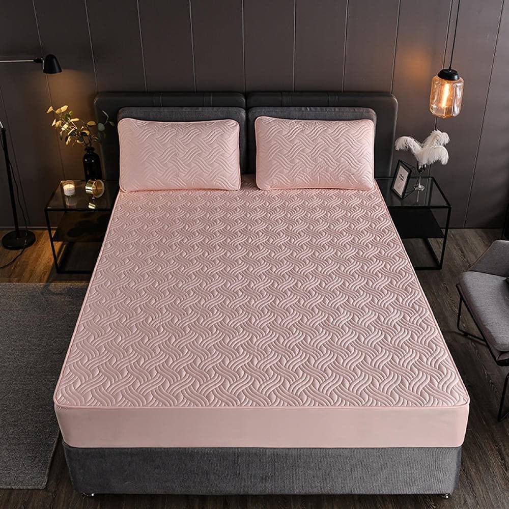 CFYCYHDZHT Full Fitted Sheet Soft Comfortable Cotton Quilted deep Pocket Fitted Sheets,Bedroom Homestay Non Slip Solid Color Bed Sheets Bed Cover Stripes Pink 200220cm+25cm