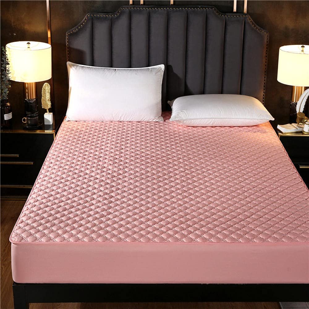 CFYCYHDZHT Breathable Bed Sets Brushed Quilted Thicker Bed Sheet, Bedroom Hotel Homestay Solid Color Non Slip Mattress Protector Bed Cover Pink 120200cm