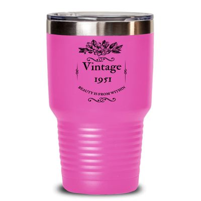 70th Birthday Gift For Women Wine Tumbler 70th Birthday Decorations Happy 70th 1951 Vintage Gifts Mom Grandma Turning 70 Aged Beauty Stainless Tumbler