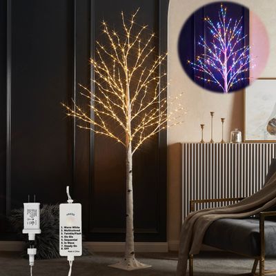 LITBLOOM Lighted Birch Tree Plug in with 8 Functions 6FT 330 Multi Color and Warm White Fairy Lights, White Christmas Tree with Lights for Indoor Outdoor Home Christmas Holiday Party Decoration