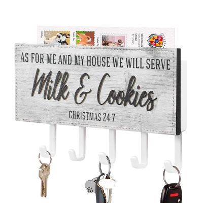 As for Me and My House We Will Serve Key Holder for Wall, Milk and Cookies Mail Holder and Key Rack for Entryway, Farmhouse Home Decor Key Hooks, Rustic Key Hangers with 5 Hooks