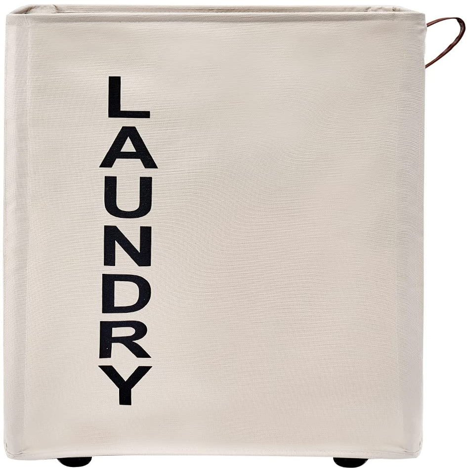 92L Large Laundry Hamper with Leather Handle,Standable Laundry Basket with Wheels ,Large Hamper,Rolling Laundry Basket White
