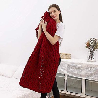 CERYTHRINA Chunky Knit Throw Giant Chenille Yarn Knitted Blanket Large Cable Chenille Arm Knitting Handmade Blankets for Cuddling up in Bed Sofa Home Bedroom Pet Bed Chair Sofa Yoga Mat Rug Wine red