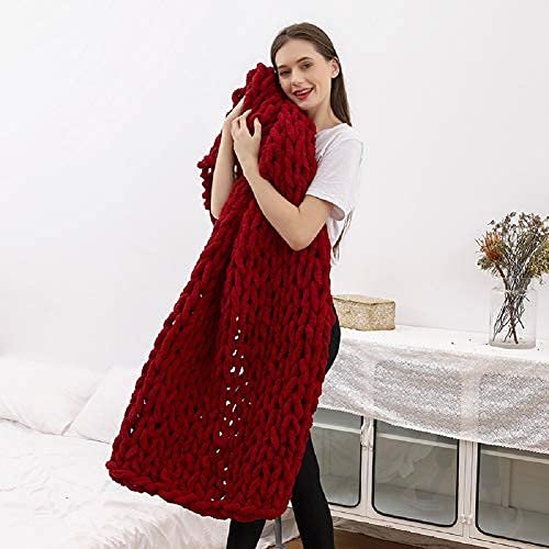CERYTHRINA Chunky Knit Throw Giant Chenille Yarn Knitted Blanket Large Cable Chenille Arm Knitting Handmade Blankets for Cuddling up in Bed Sofa Home Bedroom Pet Bed Chair Sofa Yoga Mat Rug Wine red