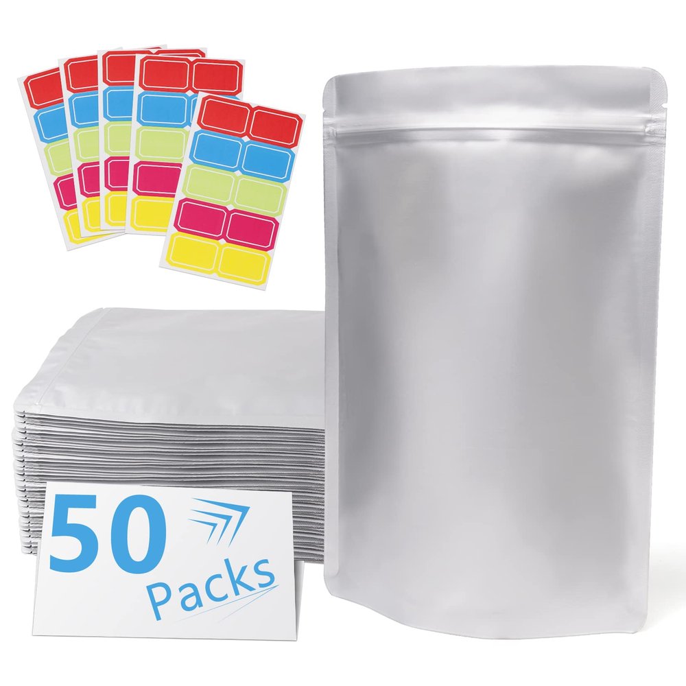 50 Pack Extra Thick 9.4 Mil 7''x10''-1 Quart Mylar Bags for Long-term Food Storage with 50 Labels,Resealable Smell Proof Heat Sealable Bags for Edible Packaging,Stand-up Foil Pouch Bag for Rice Tea