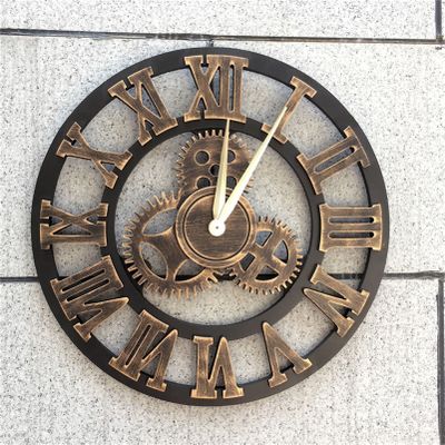 Clock Silent Roman Numerals Clock Gear Clock, 3D Decorative Gear Wall Clock, Wooden Home Decor Round Wall Clock, Indoor Home Decorative ClockGold and Slive