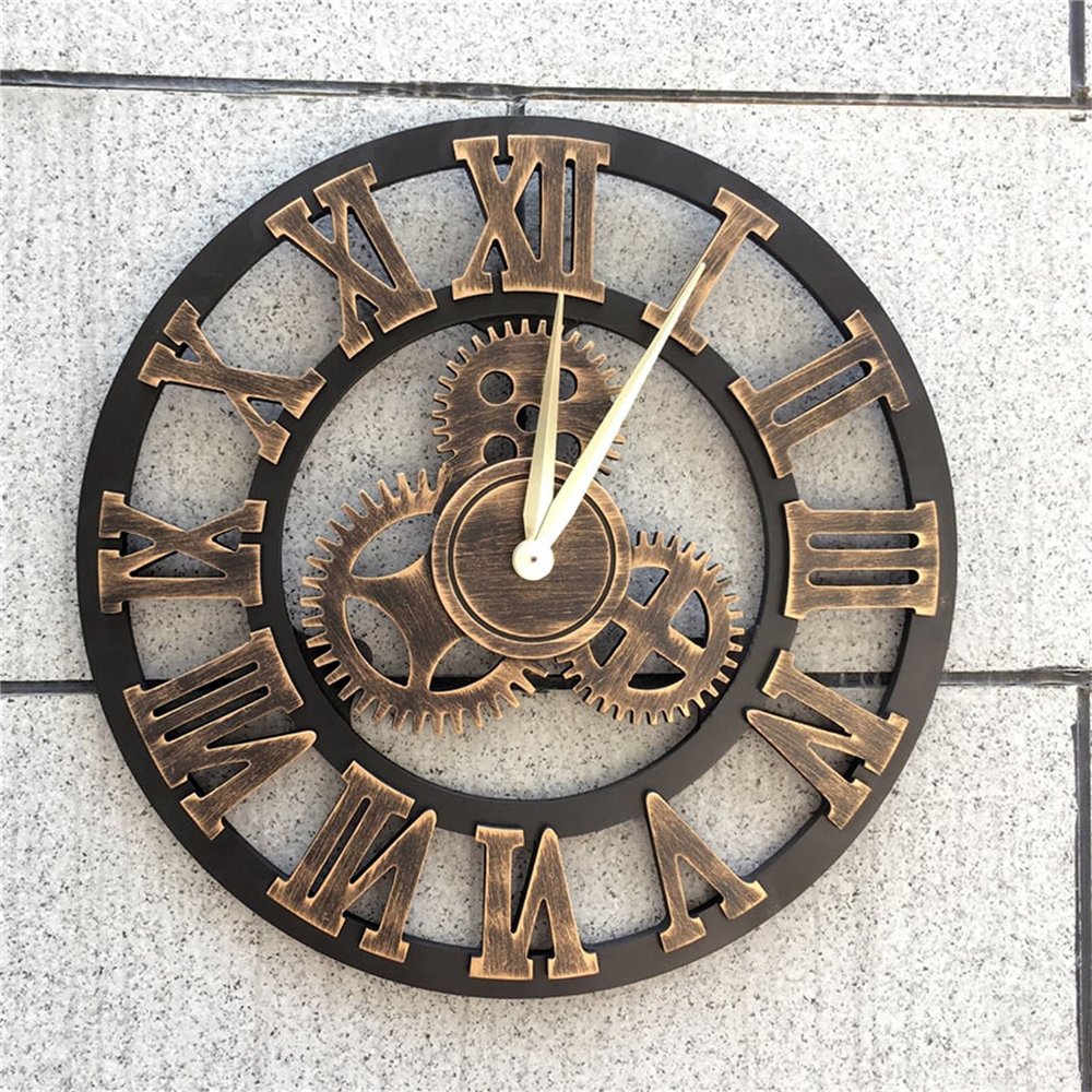 Clock Silent Roman Numerals Clock Gear Clock, 3D Decorative Gear Wall Clock, Wooden Home Decor Round Wall Clock, Indoor Home Decorative ClockGold and Slive