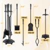 FEED GARDEN Fireplace Tools Set 5 Pieces Modern 32 Inch Outdoor Wrought Iron Fireplace Accessories Set with Log Holder Poker, Tong, Shovel, Brush, Base, Black view 2