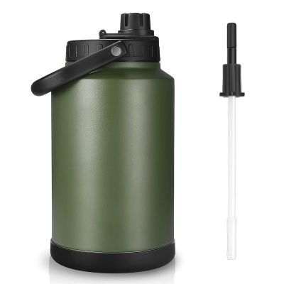 Sursip 1 Gallon Insulated Water Jug wtih Straw, Stainless Steel Large Sports one Gallon Water Bottle for Travel, Hiking, Camping 128 oz (Amry Green)