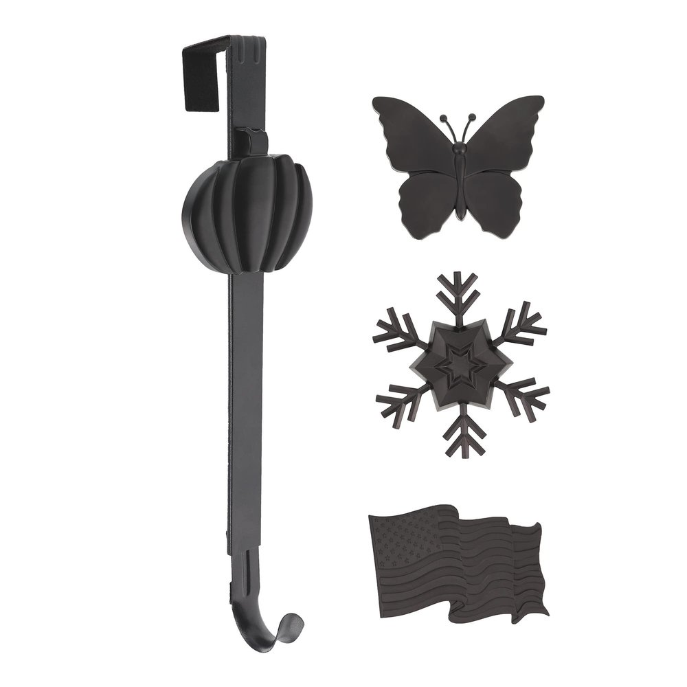 Haute Decor Adjustable Length Wreath Hanger with Interchangeable Icons (4 Wreath Hangers in 1) (Matte Black-Flag/Snowflake/Butterfly/Pumpkin)