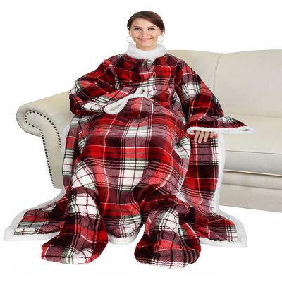 Catalonia Sherpa Wearable Blanket with Sleeves & Foot Pockets for Adult Women Men, Comfy Snuggly Wrap Sleeved Throw Blanket Robe, Gift Idea, Plaid