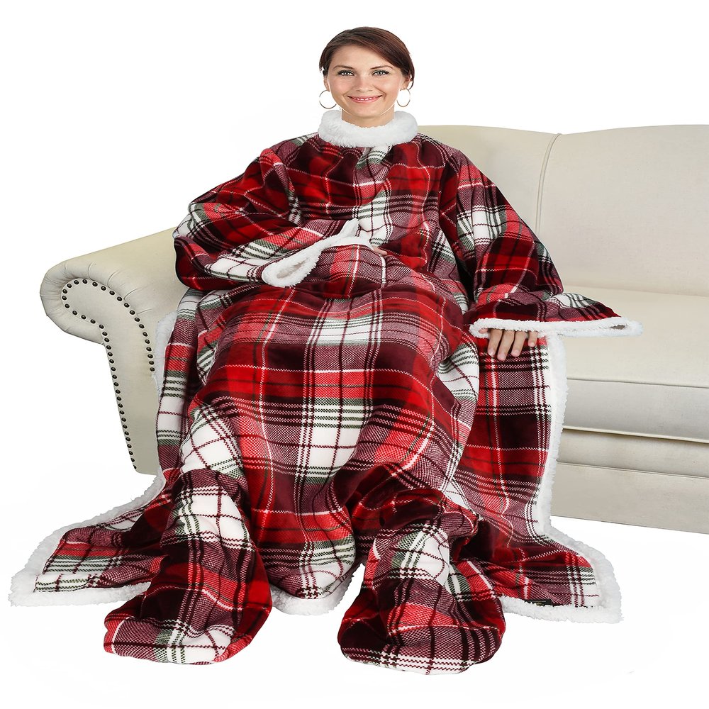 Catalonia Sherpa Wearable Blanket with Sleeves & Foot Pockets for Adult Women Men, Comfy Snuggly Wrap Sleeved Throw Blanket Robe, Gift Idea, Plaid