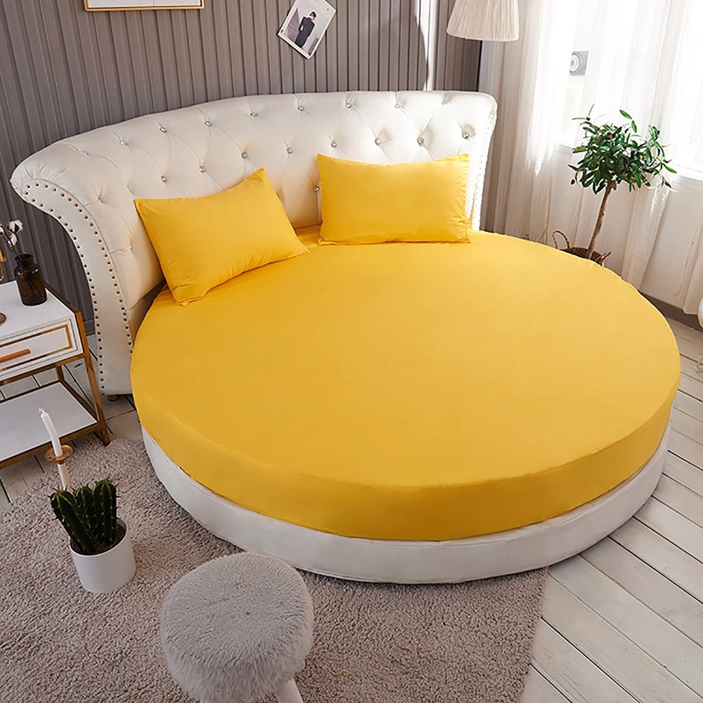 Wgreat 1 pc/Set 100% Cotton Round Fitted Sheet Solid Color Round Bed Cover Bedding Set Mattress Cover Topper with Elastic Strap for Hotel Home,Yellow,Diameter210cm(83inch)