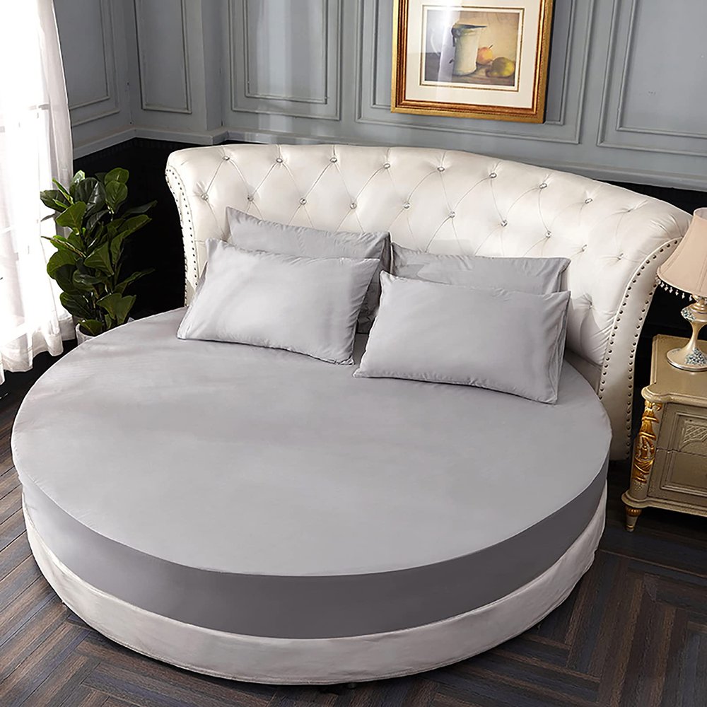 Wgreat 1 pc/Set 100% Cotton Round Fitted Sheet Solid Color Round Bed Cover Bedding Set Mattress Cover Topper with Elastic Strap for Hotel Home,Gray a,Diameter240cm(94inch)