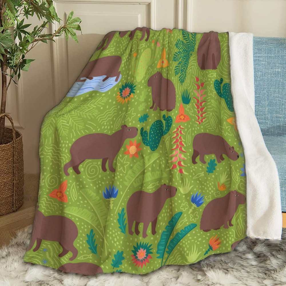 ARTBLANKET Green with Capybaras Throw Blanket Fannel Fleece Super Soft Funny Blanket Travel Throw Blanket for Bed Couch Sofa 120 x 90 Inch for Family