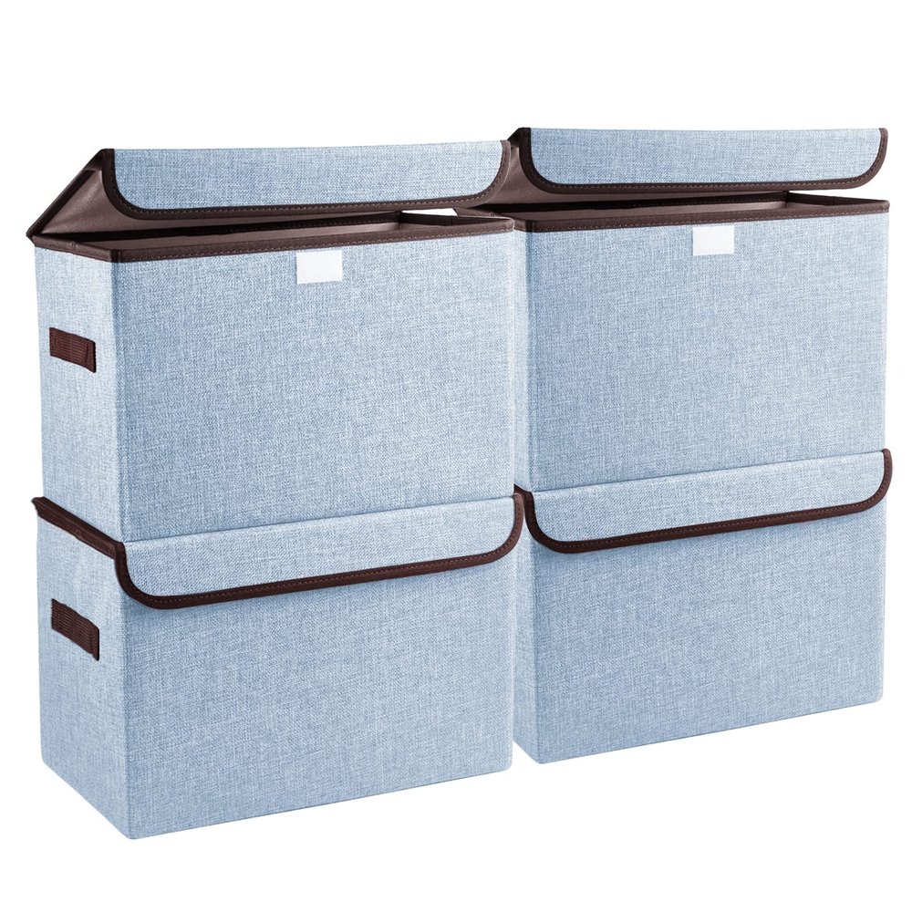 Bagnizer Foldable Storage Bins with Lids, Decorative Storage Baskets, Large Storage Boxes for Home, Office, Bedroom, Closet, Blue, Medium, 4 Pack 14.6 x 9.5 x 9.5