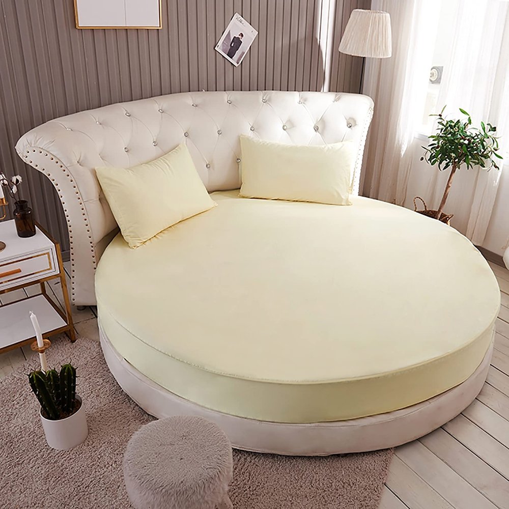 Wgreat 1 pc/Set 100% Cotton Round Fitted Sheet Solid Color Round Bed Cover Bedding Set Mattress Cover Topper with Elastic Strap for Hotel Home,Beige,Diameter230cm(90inch)