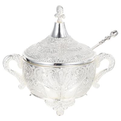 Angoily Vintage Metal Sugar Bowl Spice Jar Seasoning Box Condiment Canisters Pots Jewelry Organizer with Lid and Spoon for Kitchen Counter Food Storage Silver