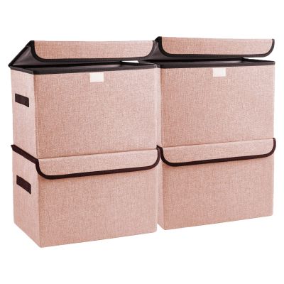 Bagnizer Linen Fabric Foldable Storage Cube Bin Organizer Basket with Flip-Top Lid & Handles, Large Clothes Blanket Box for Home, Office, Closet, Pink, 4 Pack 14.6 x 9.5 x 9.5