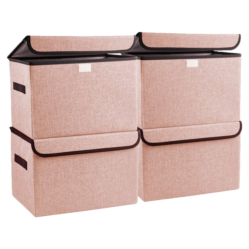 Bagnizer Linen Fabric Foldable Storage Cube Bin Organizer Basket with Flip-Top Lid & Handles, Large Clothes Blanket Box for Home, Office, Closet, Pink, 4 Pack 14.6 x 9.5 x 9.5