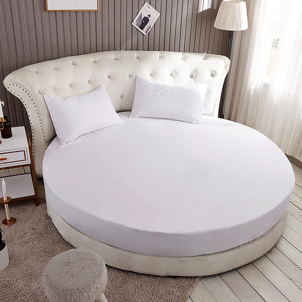 Wgreat 1 pc/Set 100% Cotton Round Fitted Sheet Solid Color Round Bed Cover Bedding Set Mattress Cover Topper with Elastic Strap for Hotel Home,White,Diameter230cm(90inch)