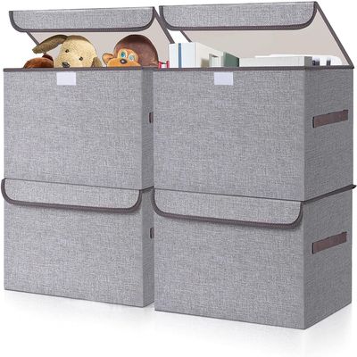 Bagnizer Large 22 Quart Linen Fabric Foldable Storage Bin Cube Organizer Basket with Flip-Top Lid & Handles, Clothes Blanket Box for Home, Office, Closet, Gray, 4 Pack 14.6 x 9.5 x 9.5
