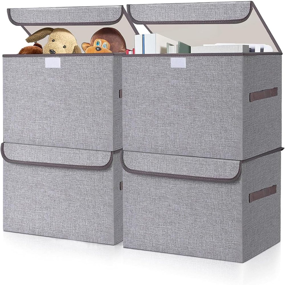 Bagnizer Large 22 Quart Linen Fabric Foldable Storage Bin Cube Organizer Basket with Flip-Top Lid & Handles, Clothes Blanket Box for Home, Office, Closet, Gray, 4 Pack 14.6 x 9.5 x 9.5