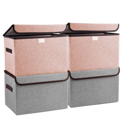 Bagnizer Linen Fabric Foldable Storage Cube Bin Organizer Basket with Flip-Top Lid & Handles, Large Clothes Blanket Box for Home, Office, Closet, Gray & Pink, 4 Pack 14.6 x 9.5 x 9.5